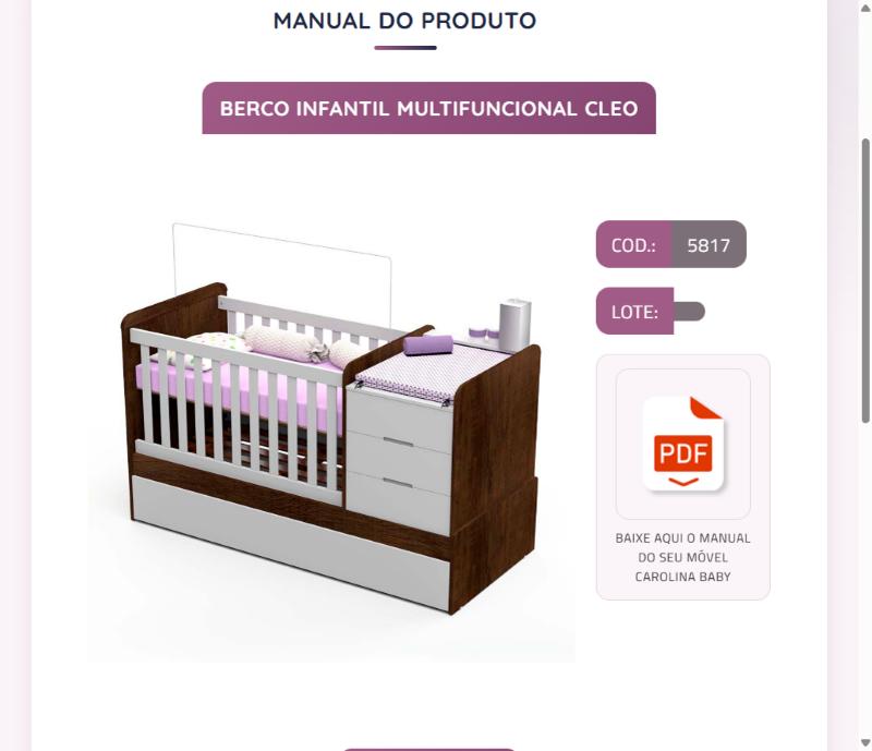 Página do produto no sistema: foto do berço, código, lote e botão para baixar o manual em PDF