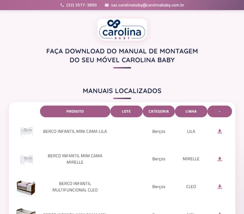 Resultados da busca por berços, com foto, nome, categoria, linha e botão de download